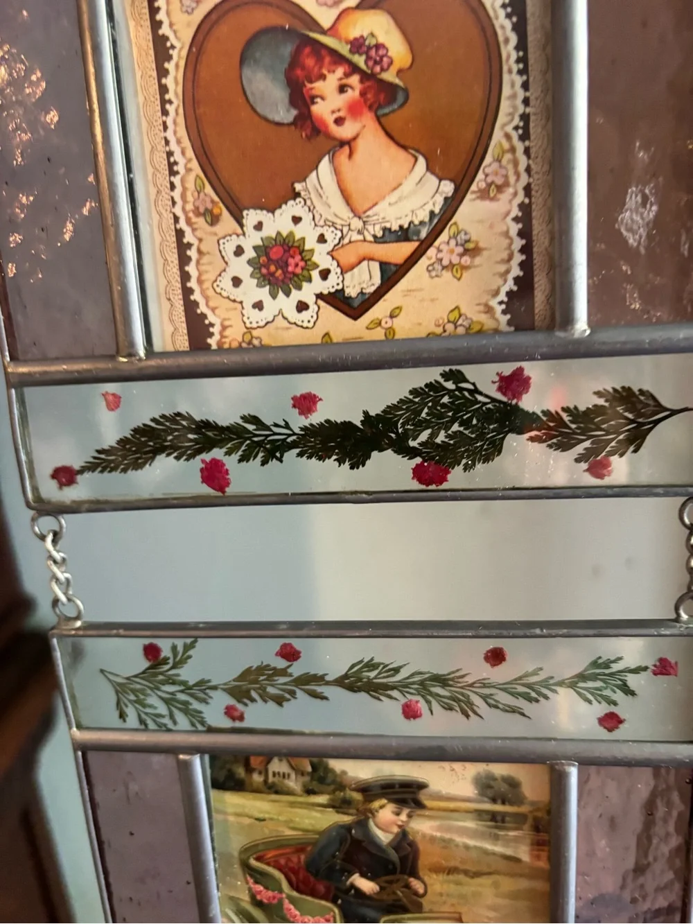 Vintage-Style Decorative Hanging stained glass Panel with Pink and Green Accents